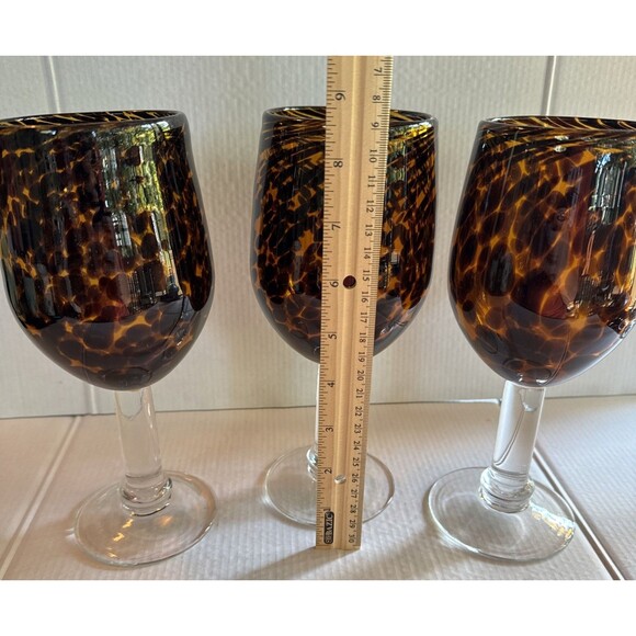 Tortoise Shell Water/Wine Glasses Hand Blown Set of 3 Amber Leopard Heavy 8.75” - Picture 5 of 5